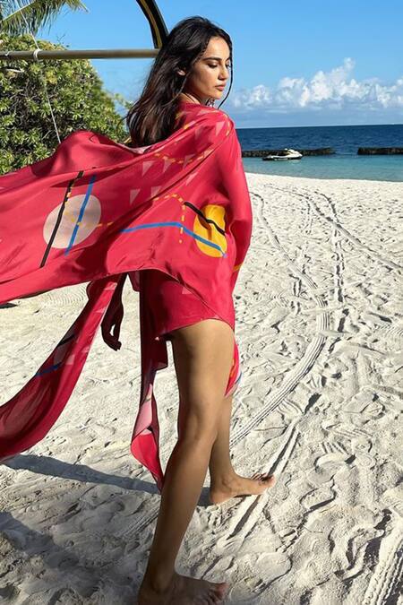 Buy_Babita Malkani_Pink Crepe Beads V-, Open Abstract Print Throw And Shorts Set 