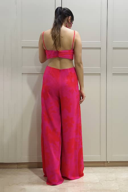 Shop_Harshita Singhvi_Pink Georgette Square Neck Floral Leaf Print Jumpsuit _at_Aza_Fashions