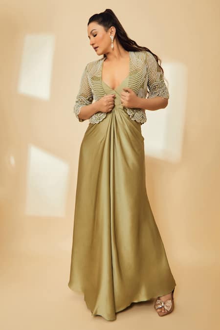 Shop_Babita Malkani_Green Satin, Tulle Pearls, Crystals V-neck, Open Embellished Jacket With Dress _Online_at_Aza_Fashions