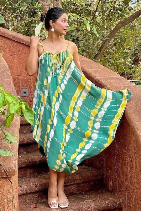 Buy_Babita Malkani_Green Georgette Tassels, Ribbons Scoop Neck Asymmetric Embellished Dress 