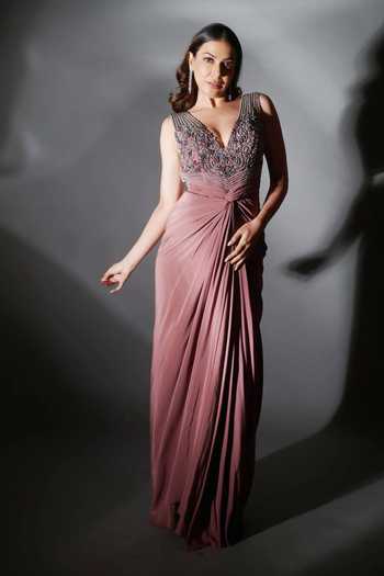 Shop_BABITA M_Pink Crepe Pearls, Crystals V-neck Embellished Yoke Gown _Online_at_Aza_Fashions