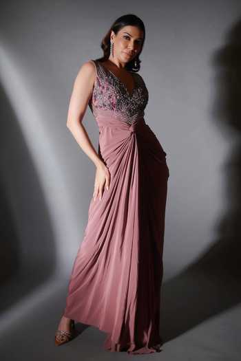 BABITA M_Pink Crepe Pearls, Crystals V-neck Embellished Yoke Gown _at_Aza_Fashions