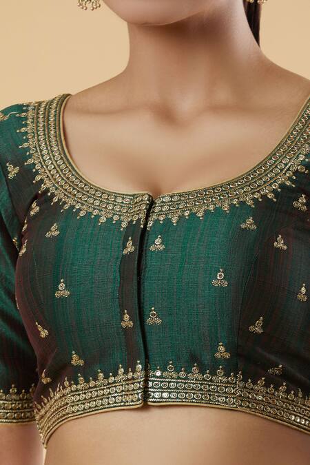 Shop Samyukta Singhania Green Silk Tassels Round Neck Zari Embroidered Blouse Online at Aza Fashions Shop_Samyukta Singhania_Green Silk Tassels Round Neck Zari Embroidered Blouse _Online_at_Aza_Fashions