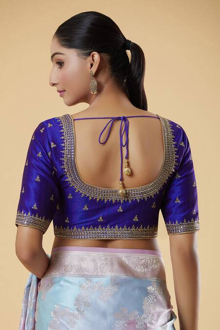 Shop Samyukta Singhania Purple Silk Embroidery Round Neck Zari Blouse at Aza Fashions Shop_Samyukta Singhania_Purple Silk Embroidery Round Neck Zari Blouse _at_Aza_Fashions