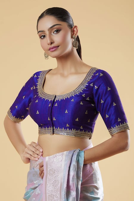 Shop Samyukta Singhania Purple Silk Embroidery Round Neck Zari Blouse Online at Aza Fashions Shop_Samyukta Singhania_Purple Silk Embroidery Round Neck Zari Blouse _Online_at_Aza_Fashions