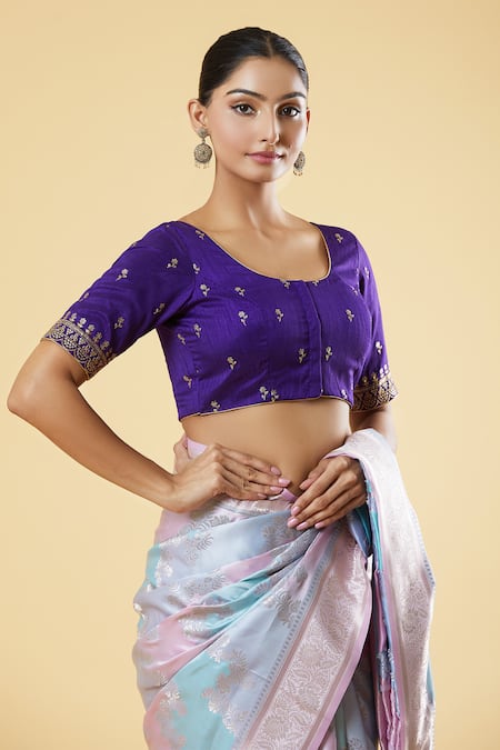 Naintara Bajaj Purple Silk Sequins, Zari Round Neck And Embroidered Blouse Online at Aza Fashions Naintara Bajaj_Purple Silk Sequins, Zari Round Neck And Embroidered Blouse _Online_at_Aza_Fashions