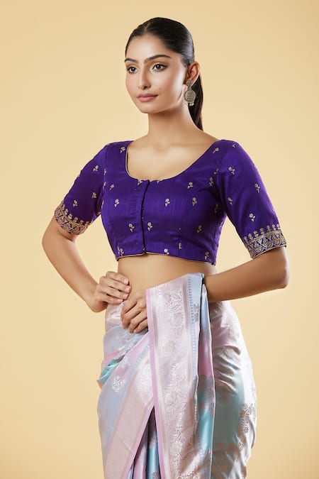 Shop Naintara Bajaj Purple Silk Sequins, Zari Round Neck And Embroidered Blouse Online at Aza Fashions Shop_Naintara Bajaj_Purple Silk Sequins, Zari Round Neck And Embroidered Blouse _Online_at_Aza_Fashions