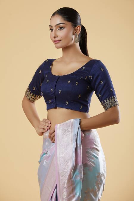 Naintara Bajaj Blue Silk Sequins, Zari Round Neck Embroidered And Blouse Online at Aza Fashions Naintara Bajaj_Blue Silk Sequins, Zari Round Neck Embroidered And Blouse _Online_at_Aza_Fashions