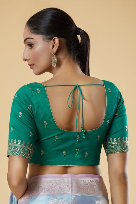 Shop Naintara Bajaj Green Silk Sequins, Zari Round Neck Floral Motif Embroidered Blouse at Aza Fashions Shop_Naintara Bajaj_Green Silk Sequins, Zari Round Neck Floral Motif Embroidered Blouse _at_Aza_Fashions