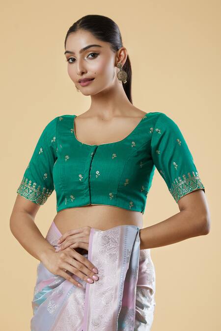 Buy Naintara Bajaj Green Silk Sequins, Zari Round Neck Floral Motif Embroidered Blouse Online at Aza Fashions Buy_Naintara Bajaj_Green Silk Sequins, Zari Round Neck Floral Motif Embroidered Blouse _Online_at_Aza_Fashions