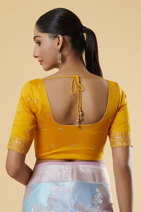 Shop Naintara Bajaj Yellow Silk Sequins, Zari Round Neck And Embroidered Blouse at Aza Fashions Shop_Naintara Bajaj_Yellow Silk Sequins, Zari Round Neck And Embroidered Blouse _at_Aza_Fashions