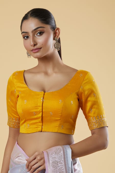 Buy Naintara Bajaj Yellow Silk Sequins, Zari Round Neck And Embroidered Blouse Online at Aza Fashions Buy_Naintara Bajaj_Yellow Silk Sequins, Zari Round Neck And Embroidered Blouse _Online_at_Aza_Fashions