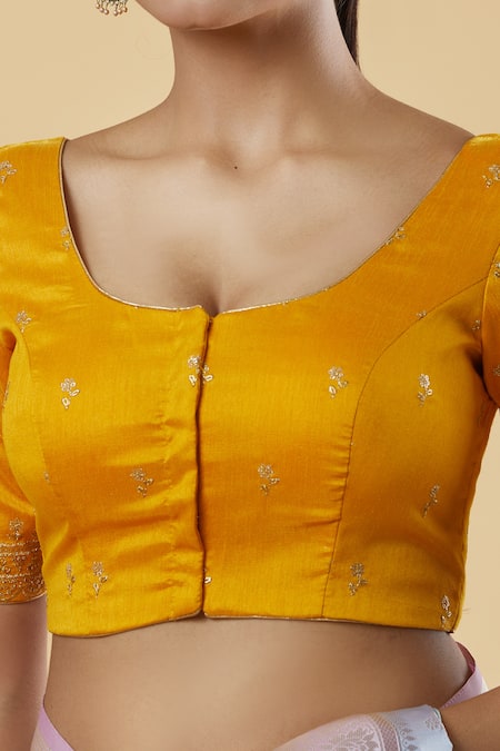 Shop Naintara Bajaj Yellow Silk Sequins, Zari Round Neck And Embroidered Blouse Online at Aza Fashions Shop_Naintara Bajaj_Yellow Silk Sequins, Zari Round Neck And Embroidered Blouse _Online_at_Aza_Fashions