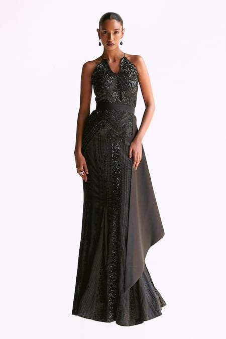 Manika Nanda Black Stretched Satin Embroidery Sequin Halter Neck Cosmic Gown With Belt 