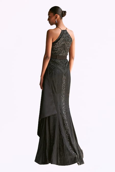 Shop Manika Nanda Black Stretched Satin Embroidery Sequin Halter Neck Cosmic Gown With Belt at Aza Fashions Shop_Manika Nanda_Black Stretched Satin Embroidery Sequin Halter Neck Cosmic Gown With Belt _at_Aza_Fashions