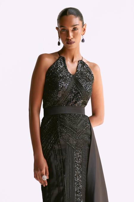 Manika Nanda Black Stretched Satin Embroidery Sequin Halter Neck Cosmic Gown With Belt Online at Aza Fashions Manika Nanda_Black Stretched Satin Embroidery Sequin Halter Neck Cosmic Gown With Belt _Online_at_Aza_Fashions