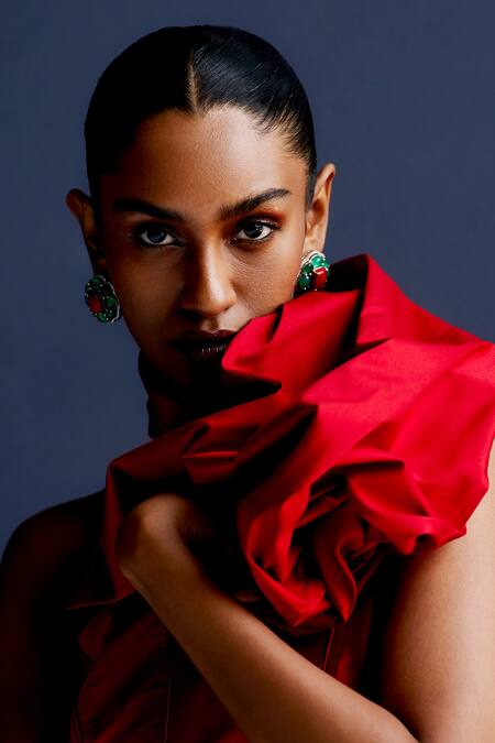 Manika Nanda Red Taffeta Halter Neck Inverted Pleat Column Dress With Belt at Aza Fashions Manika Nanda_Red Taffeta Halter Neck Inverted Pleat Column Dress With Belt _at_Aza_Fashions