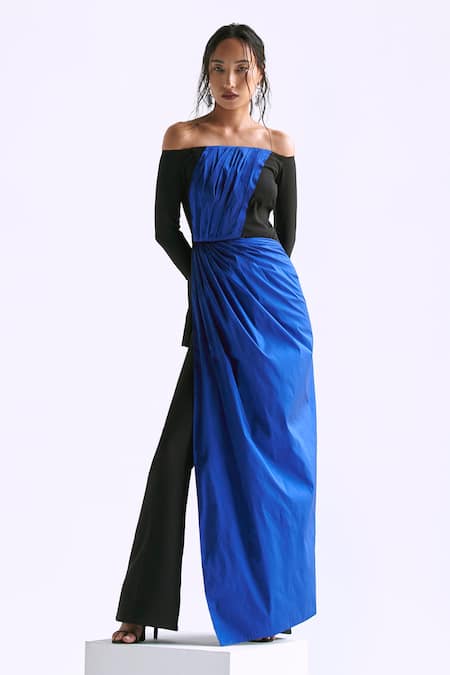 Manika Nanda Blue Taffeta Colorblocked Off Shoulder Draped Top With Trumpet Pant 