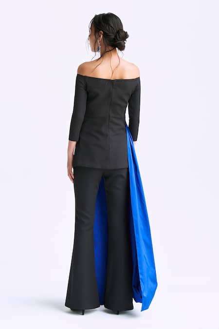 Shop Manika Nanda Blue Taffeta Colorblocked Off Shoulder Draped Top With Trumpet Pant at Aza Fashions Shop_Manika Nanda_Blue Taffeta Colorblocked Off Shoulder Draped Top With Trumpet Pant _at_Aza_Fashions