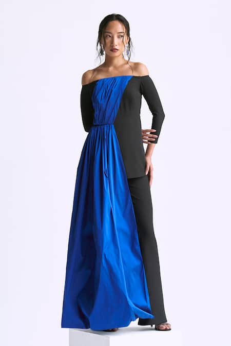 Manika Nanda Blue Taffeta Colorblocked Off Shoulder Draped Top With Trumpet Pant Online at Aza Fashions Manika Nanda_Blue Taffeta Colorblocked Off Shoulder Draped Top With Trumpet Pant _Online_at_Aza_Fashions