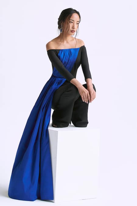 Buy Manika Nanda Blue Taffeta Colorblocked Off Shoulder Draped Top With Trumpet Pant Online at Aza Fashions Buy_Manika Nanda_Blue Taffeta Colorblocked Off Shoulder Draped Top With Trumpet Pant _Online_at_Aza_Fashions