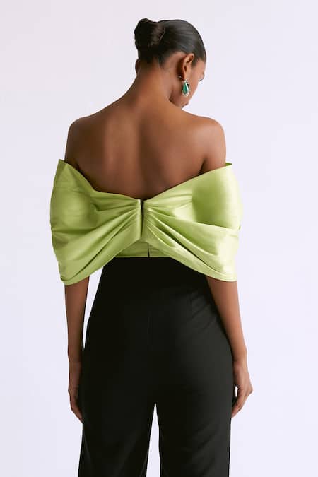 Shop Manika Nanda Green Taffeta, Crepe, Spandex Off-shoulder Draped Big Bow Colorblocked Jumpsuit at Aza Fashions Shop_Manika Nanda_Green Taffeta, Crepe, Spandex Off-shoulder Draped Big Bow Colorblocked Jumpsuit _at_Aza_Fashions