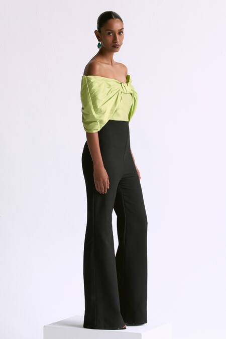 Manika Nanda Green Taffeta, Crepe, Spandex Off-shoulder Draped Big Bow Colorblocked Jumpsuit Online at Aza Fashions Manika Nanda_Green Taffeta, Crepe, Spandex Off-shoulder Draped Big Bow Colorblocked Jumpsuit _Online_at_Aza_Fashions