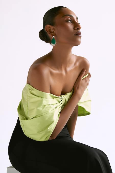 Buy Manika Nanda Green Taffeta, Crepe, Spandex Off-shoulder Draped Big Bow Colorblocked Jumpsuit Online at Aza Fashions Buy_Manika Nanda_Green Taffeta, Crepe, Spandex Off-shoulder Draped Big Bow Colorblocked Jumpsuit _Online_at_Aza_Fashions