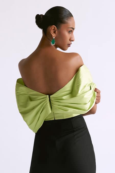 Shop Manika Nanda Green Taffeta, Crepe, Spandex Off-shoulder Draped Big Bow Colorblocked Jumpsuit Online at Aza Fashions Shop_Manika Nanda_Green Taffeta, Crepe, Spandex Off-shoulder Draped Big Bow Colorblocked Jumpsuit _Online_at_Aza_Fashions