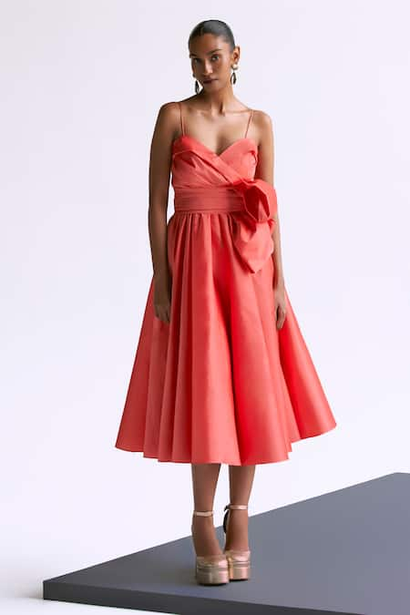 Manika Nanda Solid Pleated Flare Midi Dress With Belt 