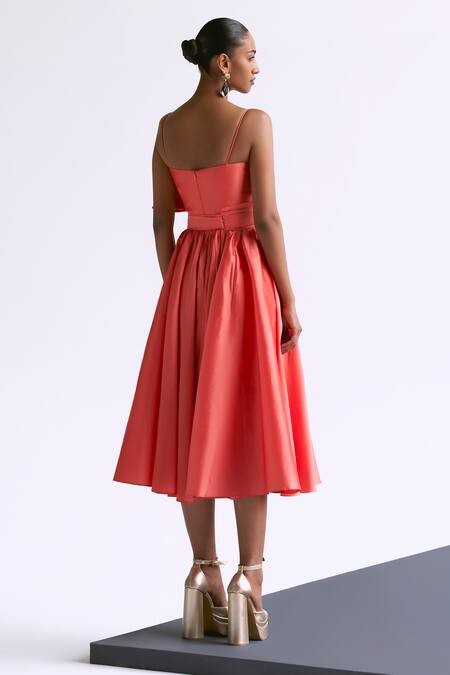 Shop Manika Nanda Peach Taffeta Solid Sweetheart Neck Pleated Flare Midi Dress With Belt at Aza Fashions Shop_Manika Nanda_Peach Taffeta Solid Sweetheart Neck Pleated Flare Midi Dress With Belt _at_Aza_Fashions