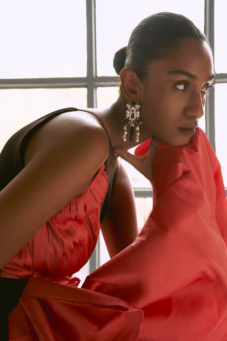 Shop_Manika Nanda_Brown Taffeta Colorblocked Halter Neck Draped Bow Dress 
