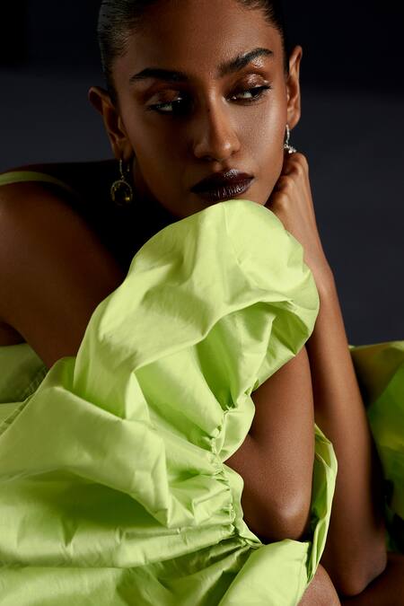 Shop_Manika Nanda_Green Taffeta Solid Piping Detail Short Skater Dress With Puff Sleeved Cape _Online_at_Aza_Fashions