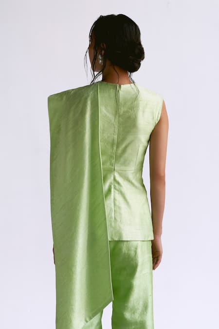 Shop Manika Nanda Green Raw Silk Embroidery 3d Bloom High Neck Draped Blazer With Pant at Aza Fashions Shop_Manika Nanda_Green Raw Silk Embroidery 3d Bloom High Neck Draped Blazer With Pant _at_Aza_Fashions
