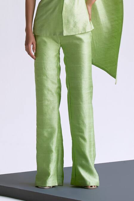 Manika Nanda Green Raw Silk Embroidery 3d Bloom High Neck Draped Blazer With Pant Online at Aza Fashions Manika Nanda_Green Raw Silk Embroidery 3d Bloom High Neck Draped Blazer With Pant _Online_at_Aza_Fashions