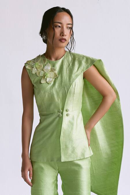 Buy Manika Nanda Green Raw Silk Embroidery 3d Bloom High Neck Draped Blazer With Pant Online at Aza Fashions Buy_Manika Nanda_Green Raw Silk Embroidery 3d Bloom High Neck Draped Blazer With Pant _Online_at_Aza_Fashions