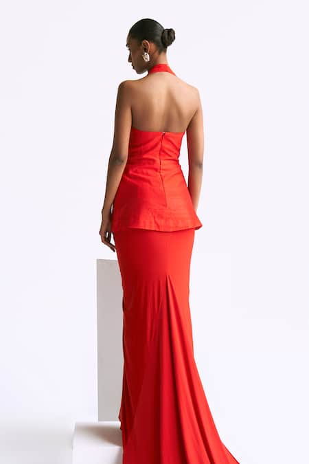 Shop Manika Nanda Orange Raw Silk Embroidery Flaming Petal Halter Neck Jacket With Draped Skirt at Aza Fashions Shop_Manika Nanda_Orange Raw Silk Embroidery Flaming Petal Halter Neck Jacket With Draped Skirt _at_Aza_Fashions