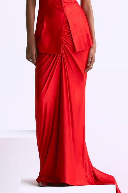 Manika Nanda Orange Raw Silk Embroidery Flaming Petal Halter Neck Jacket With Draped Skirt Online at Aza Fashions Manika Nanda_Orange Raw Silk Embroidery Flaming Petal Halter Neck Jacket With Draped Skirt _Online_at_Aza_Fashions