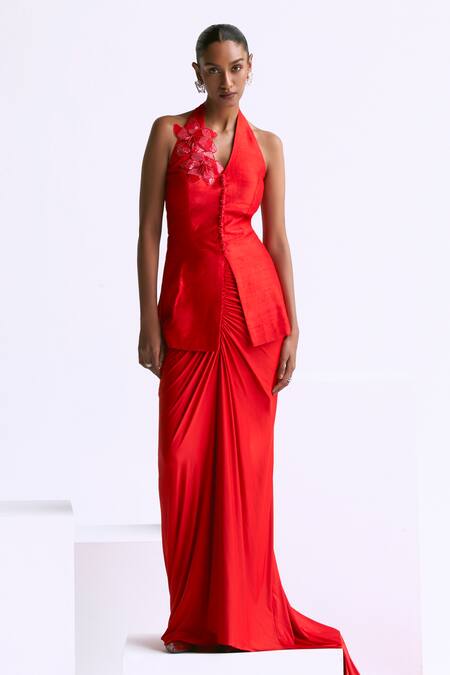Buy Manika Nanda Orange Raw Silk Embroidery Flaming Petal Halter Neck Jacket With Draped Skirt Online at Aza Fashions Buy_Manika Nanda_Orange Raw Silk Embroidery Flaming Petal Halter Neck Jacket With Draped Skirt _Online_at_Aza_Fashions