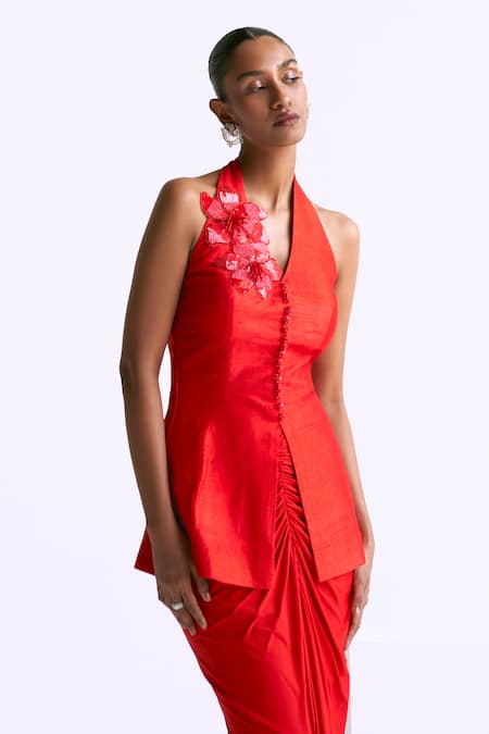 Shop Manika Nanda Orange Raw Silk Embroidery Flaming Petal Halter Neck Jacket With Draped Skirt Online at Aza Fashions Shop_Manika Nanda_Orange Raw Silk Embroidery Flaming Petal Halter Neck Jacket With Draped Skirt _Online_at_Aza_Fashions