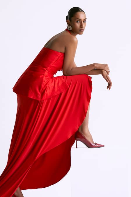 Manika Nanda Orange Raw Silk Embroidery Flaming Petal Halter Neck Jacket With Draped Skirt at Aza Fashions Manika Nanda_Orange Raw Silk Embroidery Flaming Petal Halter Neck Jacket With Draped Skirt _at_Aza_Fashions