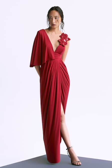 Manika Nanda Red Butter Lycra Embroidery 3d Bloom Plunging V Embellished Draped Overlap Gown 