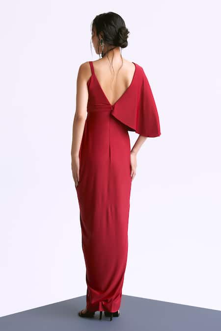 Shop Manika Nanda Red Butter Lycra Embroidery 3d Bloom Plunging V Embellished Draped Overlap Gown at Aza Fashions Shop_Manika Nanda_Red Butter Lycra Embroidery 3d Bloom Plunging V Embellished Draped Overlap Gown _at_Aza_Fashions