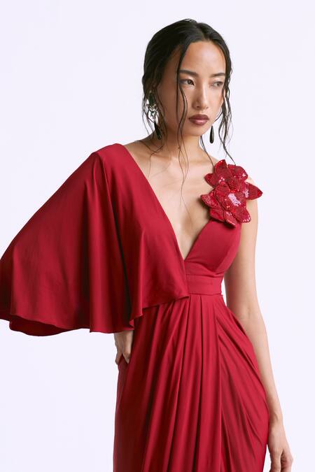 Shop Manika Nanda Red Butter Lycra Embroidery 3d Bloom Plunging V Embellished Draped Overlap Gown Online at Aza Fashions Shop_Manika Nanda_Red Butter Lycra Embroidery 3d Bloom Plunging V Embellished Draped Overlap Gown _Online_at_Aza_Fashions