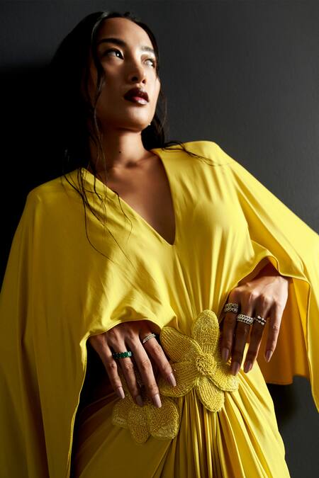 Manika Nanda Yellow Lycra Embroidery Plunge Neck 3d Buttercup Bloom Embellished Gown Online at Aza Fashions Manika Nanda_Yellow Lycra Embroidery Plunge Neck 3d Buttercup Bloom Embellished Gown _Online_at_Aza_Fashions