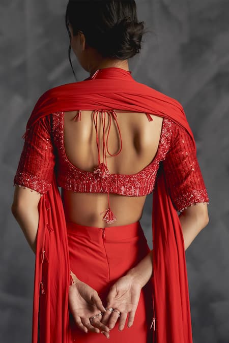 Shop Manika Nanda Orange Silk, Lycra, Chiffon Sequins, Florid Embroidered Blouse Draped Skirt Set at Aza Fashions Shop_Manika Nanda_Orange Silk, Lycra, Chiffon Sequins, Florid Embroidered Blouse Draped Skirt Set _at_Aza_Fashions