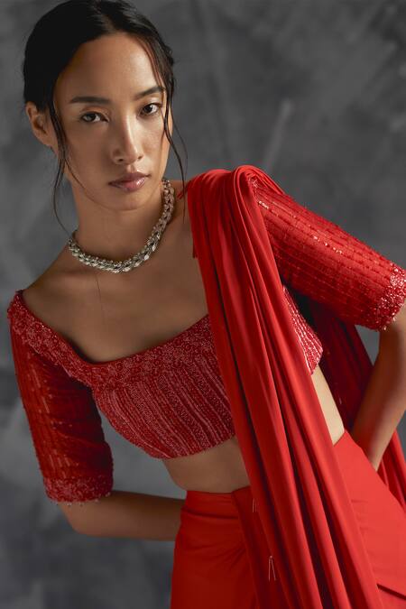 Manika Nanda Orange Silk, Lycra, Chiffon Sequins, Florid Embroidered Blouse Draped Skirt Set Online at Aza Fashions Manika Nanda_Orange Silk, Lycra, Chiffon Sequins, Florid Embroidered Blouse Draped Skirt Set _Online_at_Aza_Fashions