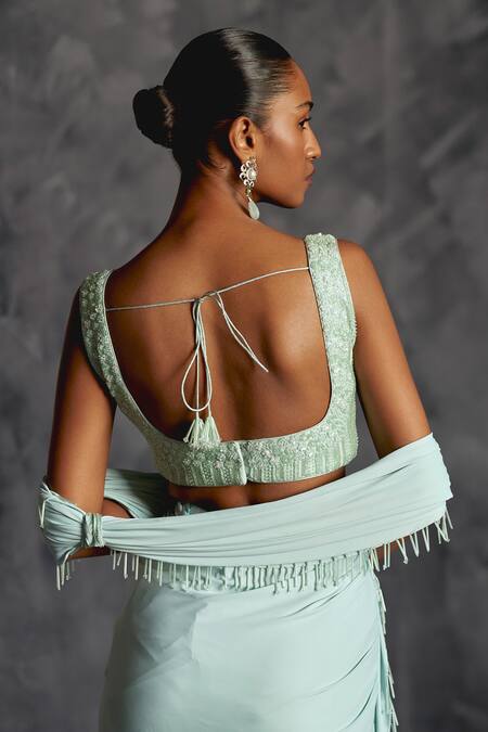 Shop Manika Nanda Blue Silk, Lycra Nalki Tassel Embellished Border Pre-draped Saree With Blouse Online at Aza Fashions Shop_Manika Nanda_Blue Silk, Lycra Nalki Tassel Embellished Border Pre-draped Saree With Blouse _Online_at_Aza_Fashions