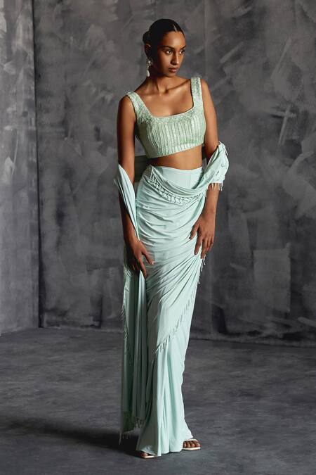 Buy Manika Nanda Blue Silk, Lycra Nalki Tassel Embellished Border Pre-draped Saree With Blouse Buy_Manika Nanda_Blue Silk, Lycra Nalki Tassel Embellished Border Pre-draped Saree With Blouse