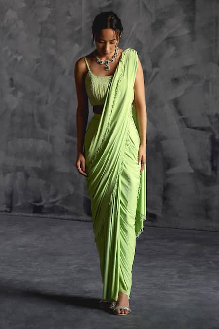 Manika Nanda Green Raw Silk Embroidery Tassel Embellished Border Pre-draped Saree With Blouse 